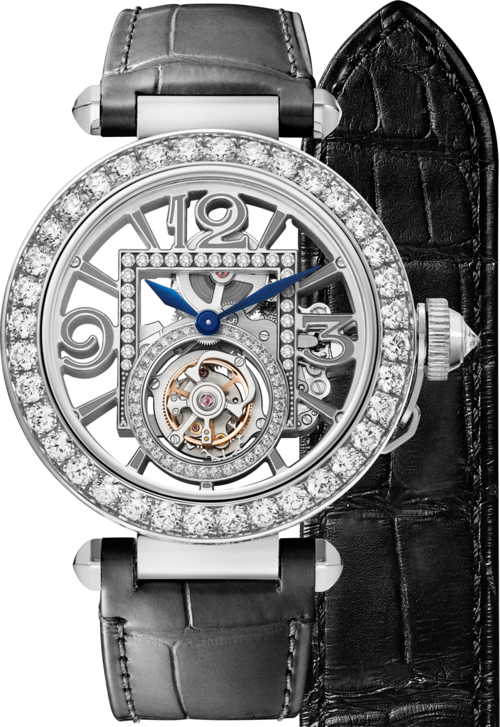 Pasha de Cartier腕表41毫米表款，手动上链机械机芯，18K白金，镶嵌钻石，两条可替换式皮表带