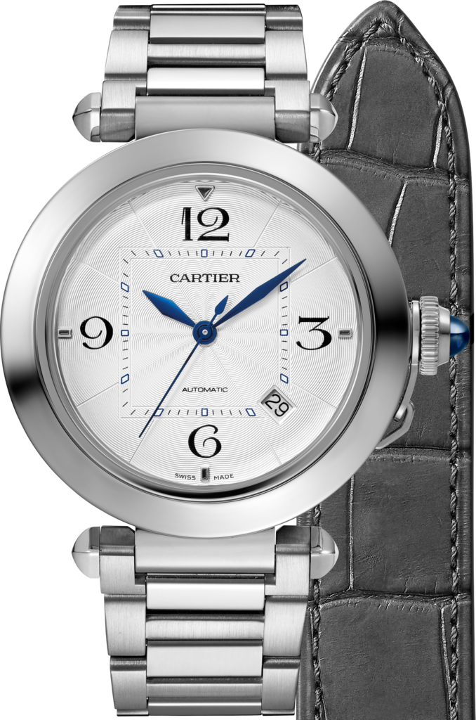 Pasha de Cartier腕表41毫米表款，自动上链机械机芯，精钢，可替换式金属表链和皮表带