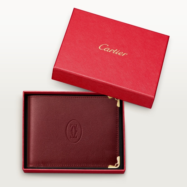 Must de Cartier 6信用卡皮夹 酒红色小牛皮，镀金装饰