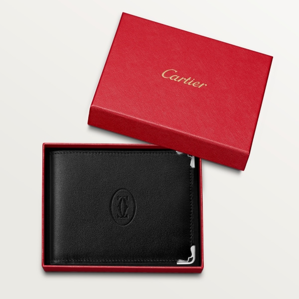 Must de Cartier 6信用卡皮夹 黑色小牛皮，精钢装饰