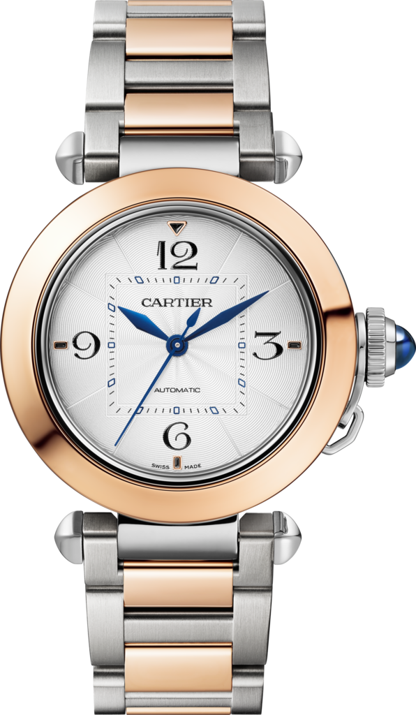 Pasha de Cartier腕表35毫米表款，自动上链机芯，18K玫瑰金与精钢，可替换式金属表链与皮表带