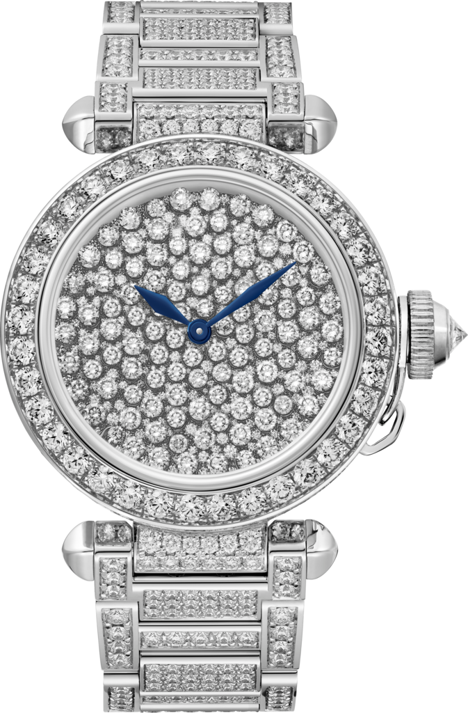 Pasha de Cartier“舞动钻石”高级珠宝腕表35毫米表款，镀铑白金，钻石