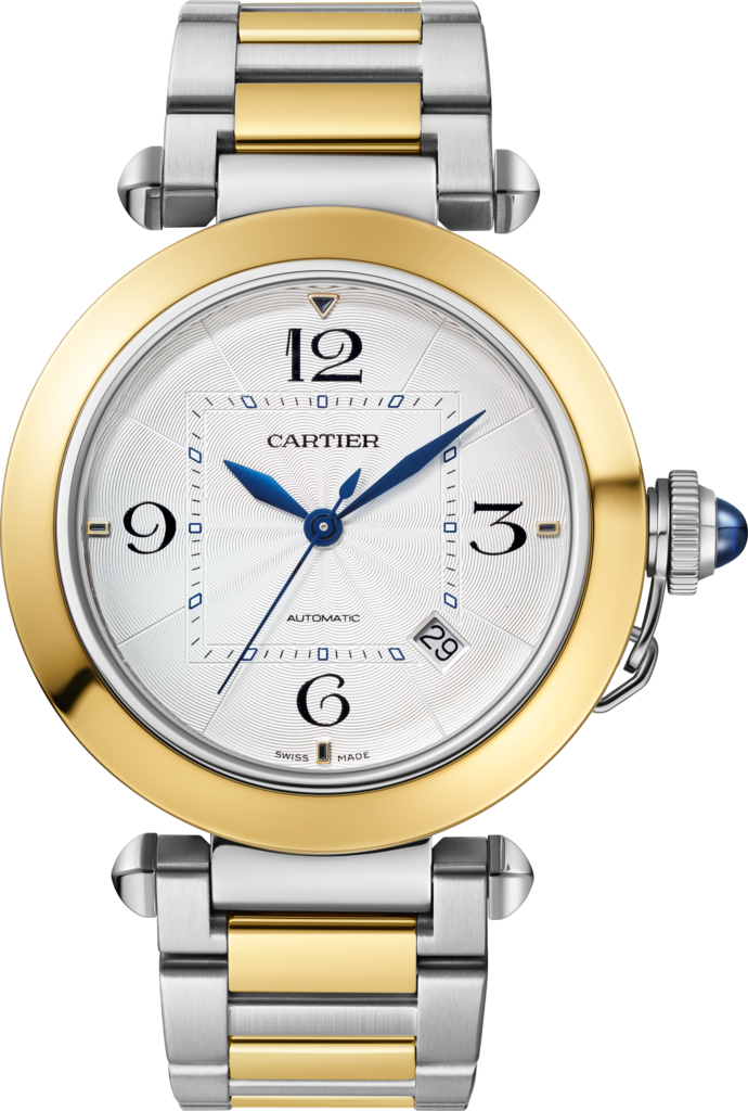 Pasha de Cartier腕表41毫米表款，自动上链机芯，18K黄金与精钢，可替换式金属表链与皮表带