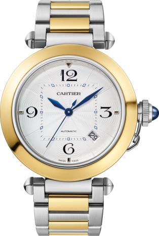 Pasha de Cartier腕表 41毫米表款，自动上链机芯，18K黄金与精钢，可替换式金属表链与皮表带