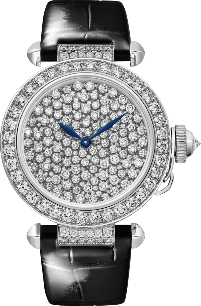 Pasha de Cartier watch35mm, automatic movement, white gold, diamonds, leather