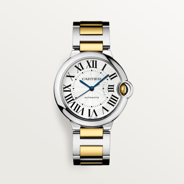 Ballon Bleu de Cartier watch 36 mm, mechanical movement with automatic winding, yellow gold, steel