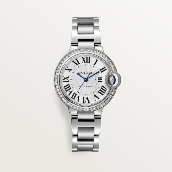 Ballon Bleu de Cartier watch 33 mm, mechanical movement with automatic winding, steel, diamonds