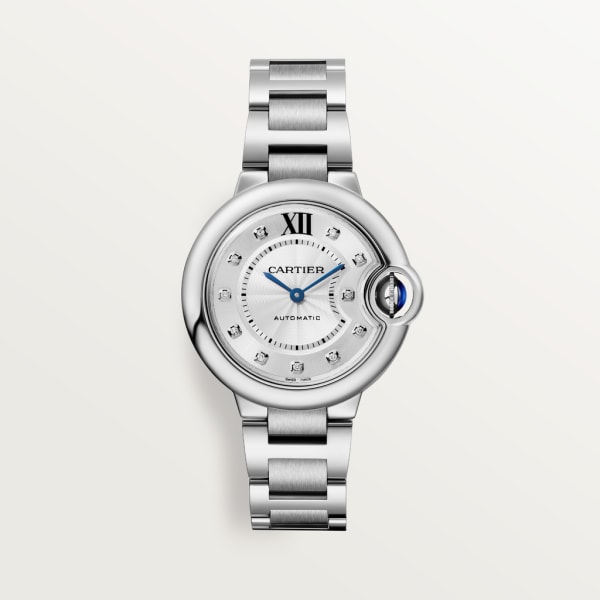 Ballon Bleu de Cartier watch 33 mm, mechanical movement with automatic winding, steel, diamonds