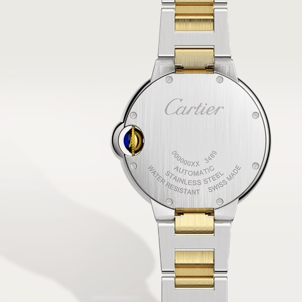 Ballon Bleu de Cartier watch 33 mm, mechanical movement with automatic winding, yellow gold, steel