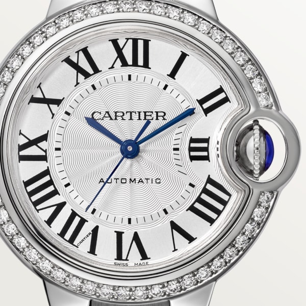 Ballon Bleu de Cartier watch 33 mm, mechanical movement with automatic winding, steel, diamonds