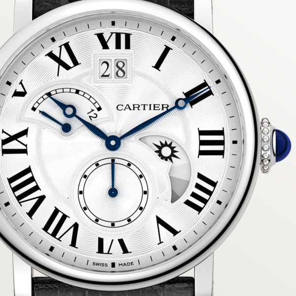 Rotonde de Cartier watch, Large Date, Retrograde Second Time Zone and Day Night Indicator 42mm, automatic movement, steel, leather