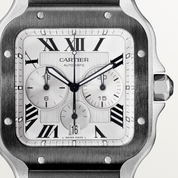 Santos de Cartier Chronograph watch Extra-large model, automatic movement, steel, ADLC, interchangeable rubber and leather bracelets