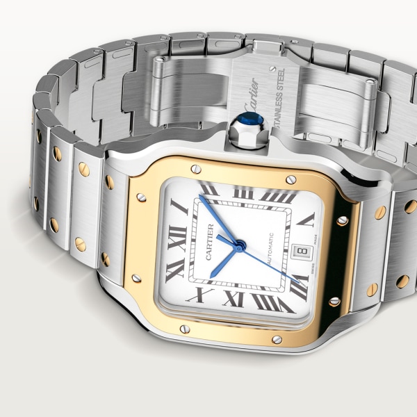 Santos de Cartier腕表 大号表款，自动机芯，18K黄金与精钢，可替换式金属表链与皮表带