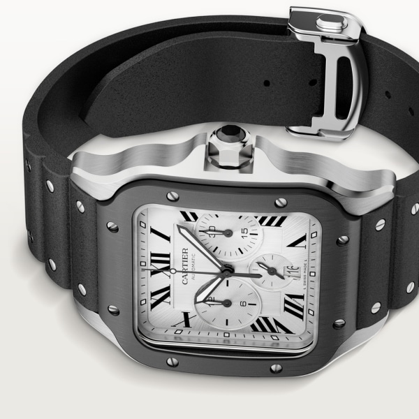 Santos de Cartier Chronograph watch Extra-large model, automatic movement, steel, ADLC, interchangeable rubber and leather bracelets