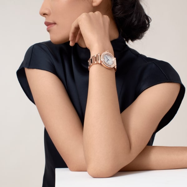 Pasha de Cartier腕表 35毫米表款，自动上链机械机芯，18K玫瑰金，镶嵌钻石，可替换式金属表链与皮表带