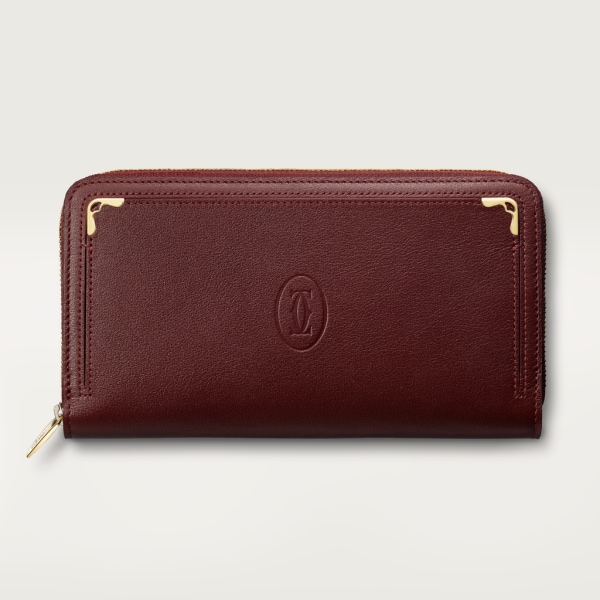 Zipped International Wallet, Must de Cartier Burgundy calfskin, golden finish