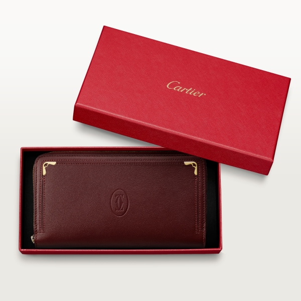 Zipped International Wallet, Must de Cartier Burgundy calfskin, golden finish