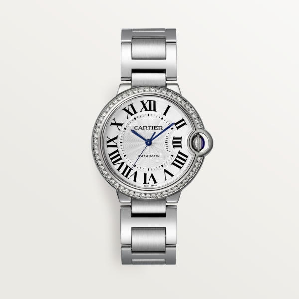 Ballon Bleu de Cartier watch 36 mm, mechanical movement with automatic winding, steel, diamonds