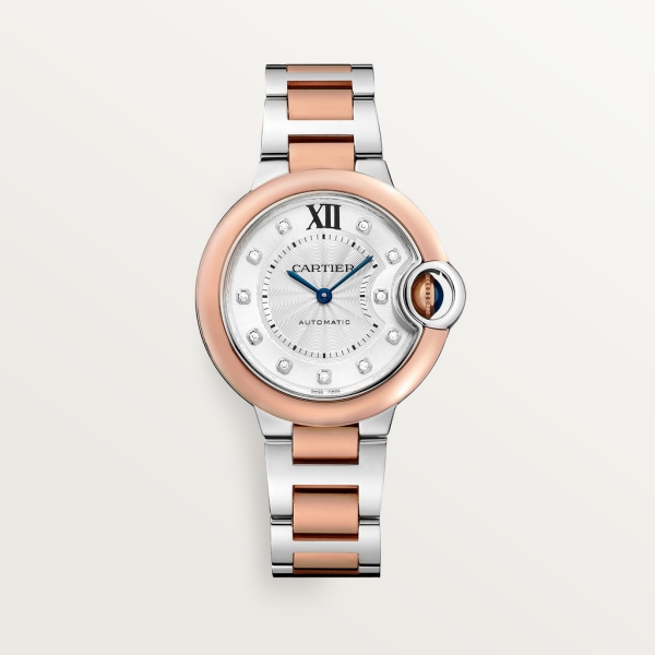 Ballon Bleu de Cartier watch 33 mm, mechanical movement with automatic winding, rose gold, steel, diamonds