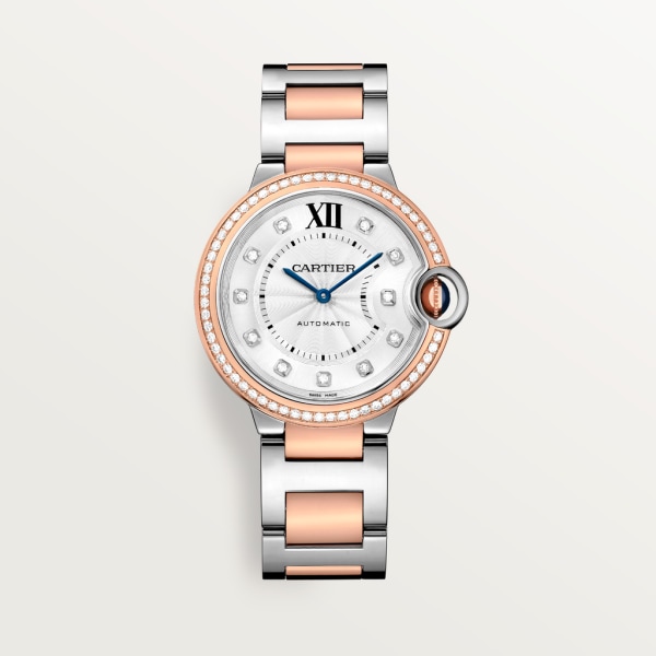 Ballon Bleu de Cartier watch 36 mm, mechanical movement with automatic winding, rose gold, steel, diamonds