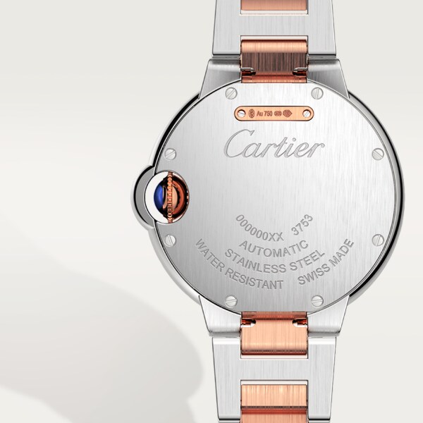 Ballon Bleu de Cartier watch 33 mm, mechanical movement with automatic winding, rose gold, steel, diamonds