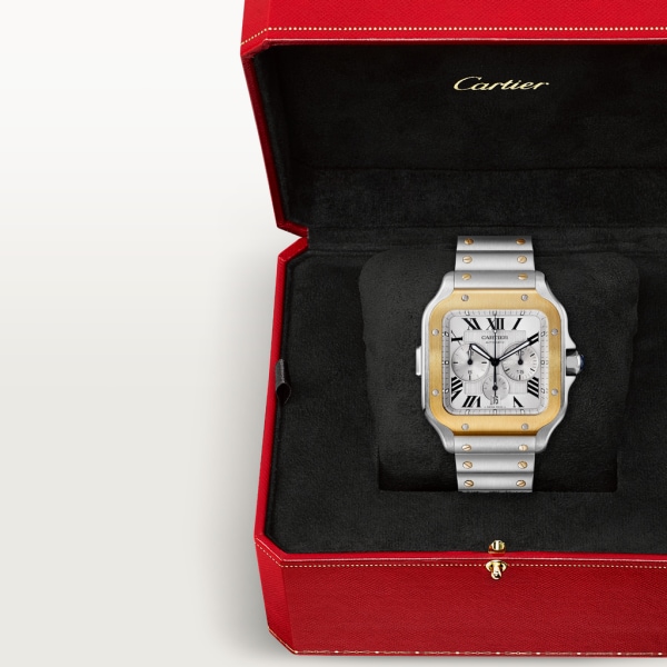 Santos de Cartier Chronograph watch Extra-large model, automatic movement, yellow gold, steel, interchangeable metal and rubber bracelets