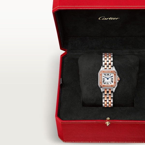 Panthère de Cartier watch Small model, quartz movement, rose gold, steel, diamonds