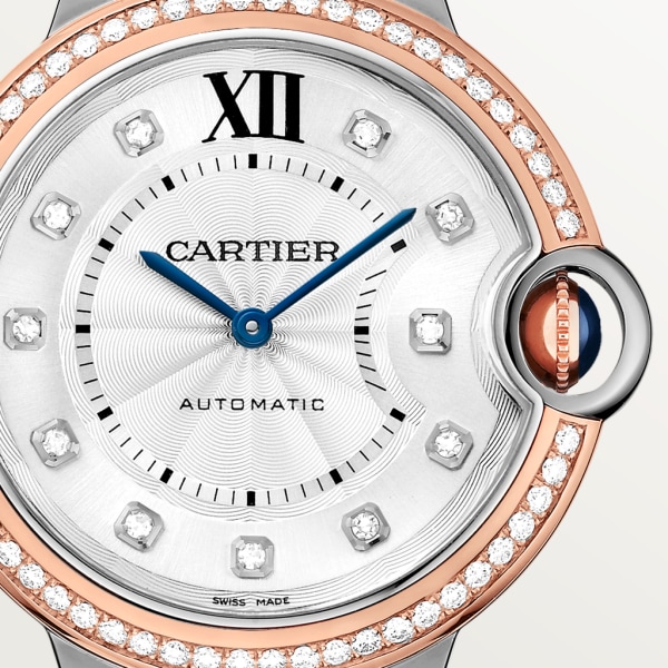 Ballon Bleu de Cartier watch 36 mm, mechanical movement with automatic winding, rose gold, steel, diamonds