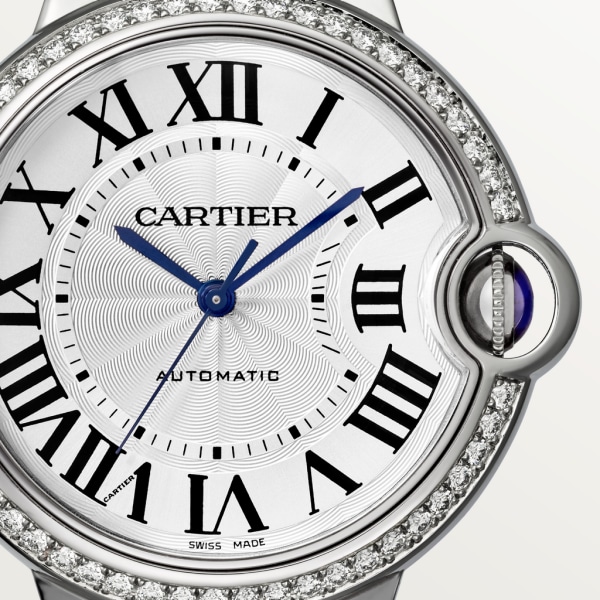 Ballon Bleu de Cartier watch 36 mm, mechanical movement with automatic winding, steel, diamonds