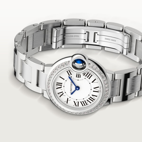 Ballon Bleu de Cartier watch 28mm, quartz movement, steel, diamonds