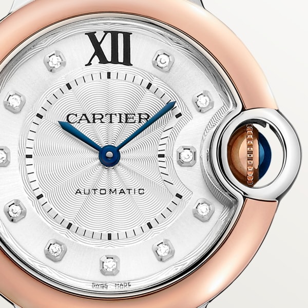 Ballon Bleu de Cartier watch 33 mm, mechanical movement with automatic winding, rose gold, steel, diamonds