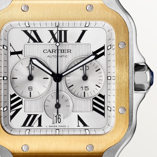Santos de Cartier计时码表 超大号表款，自动机芯，18K黄金与精钢，可替换式金属表链与橡胶表带
