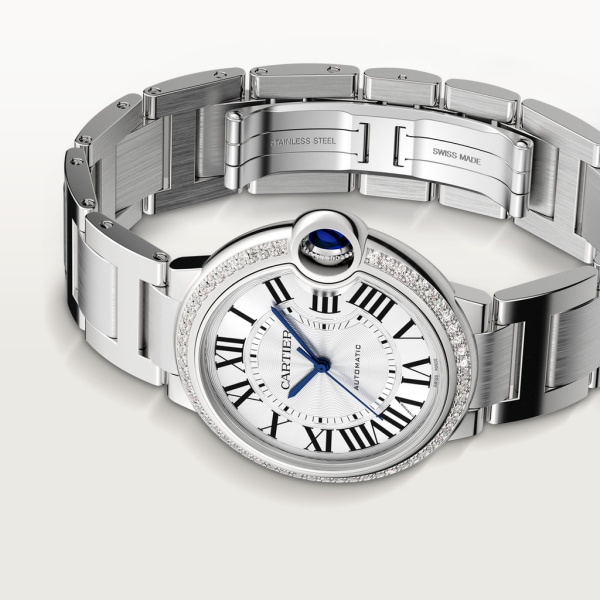 Ballon Bleu de Cartier watch 36 mm, mechanical movement with automatic winding, steel, diamonds
