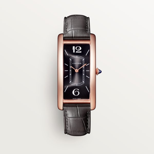 Tank Cintrée watch Large model, hand-wound mechanical movement, rose gold, leather