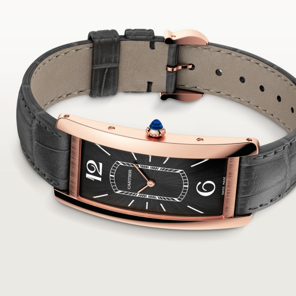 Tank Cintrée watch Large model, hand-wound mechanical movement, rose gold, leather