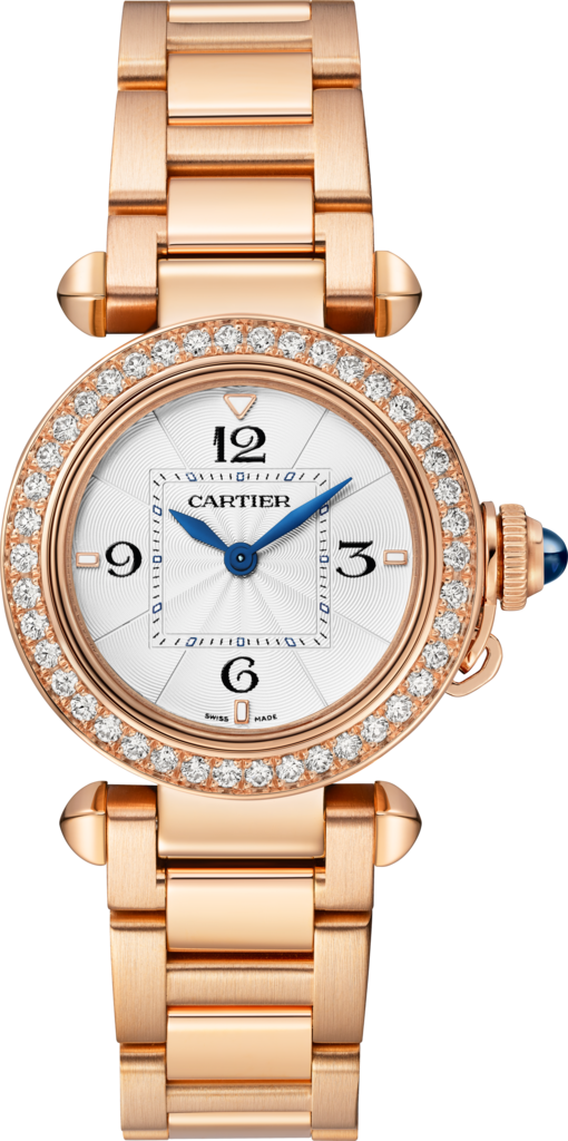 Pasha de Cartier腕表30毫米表款，高效率石英机芯，玫瑰金，钻石，可替换式金属表链与皮表带
