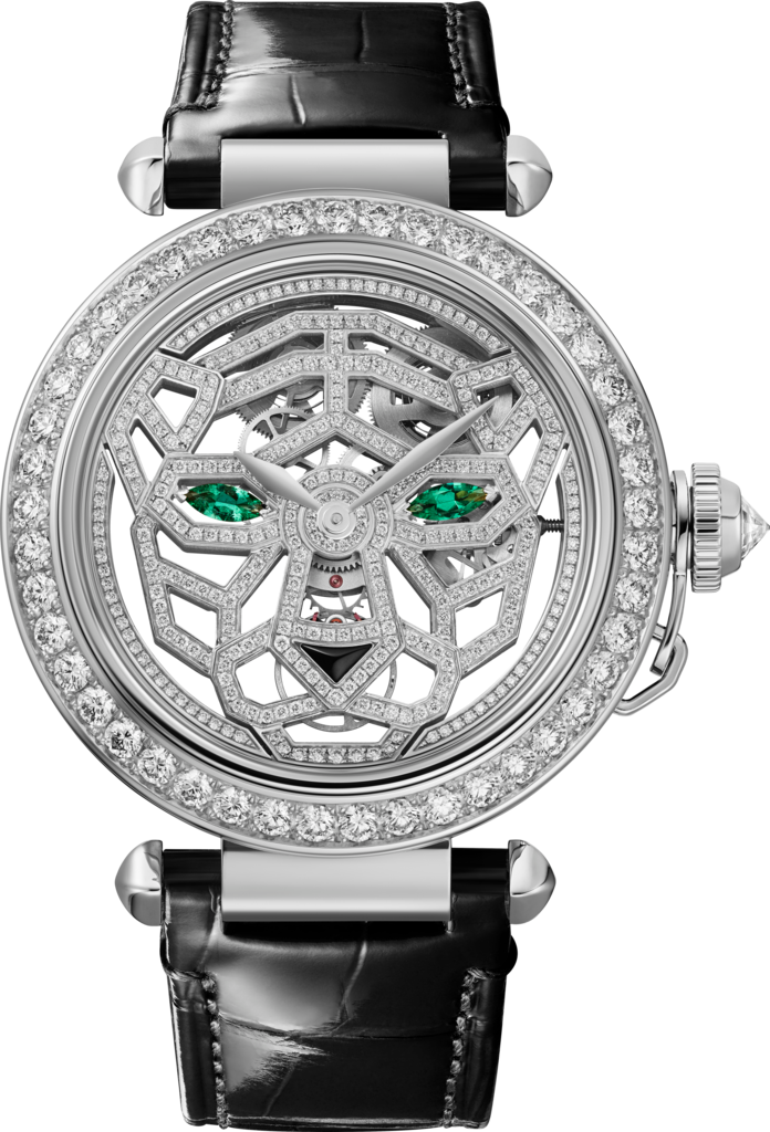 Joaillère Panthère 腕表41毫米表款，手动上链机芯，18K白金，钻石，可替换式皮表带