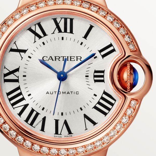 Ballon Bleu de Cartier watch 33mm, automatic movement, rose gold, diamonds, leather