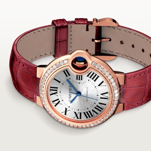 Ballon Bleu de Cartier watch 33mm, automatic movement, rose gold, diamonds, leather