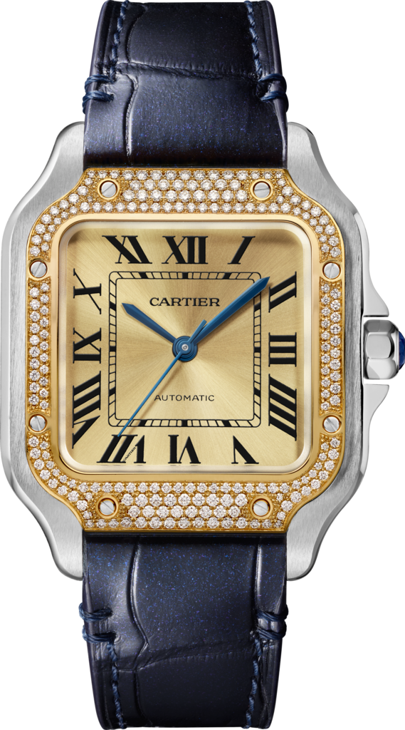 Santos de Cartier腕表中号表款，自动上链机芯，18K黄金，精钢，钻石，可替换式金属表链与皮表带