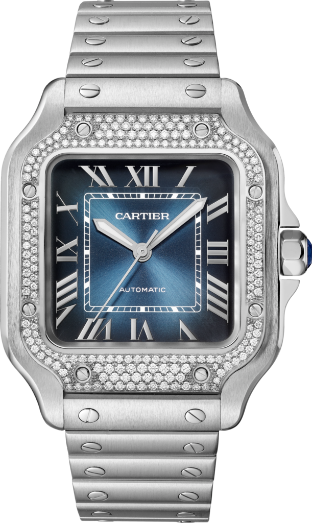 Santos de Cartier腕表中号表款，自动上链机械机芯，精钢镶钻，蓝色表盘，可替换式金属表链和皮表带