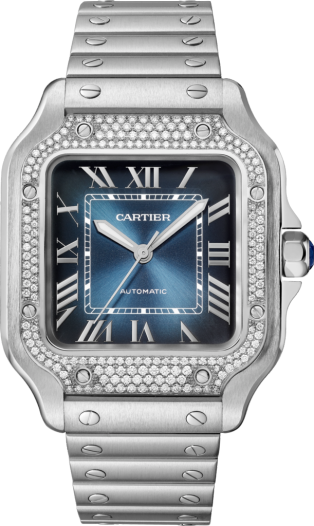 Santos de Cartier watch Medium model, automatic movement, steel, diamonds, blue dial, interchangeable metal and leather bracelets