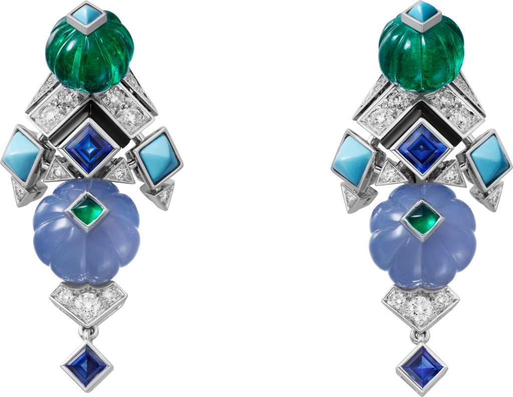 Creative Collection EarringsWhite gold, emeralds, chalcedony, sapphire, onyx, turquoise, diamonds