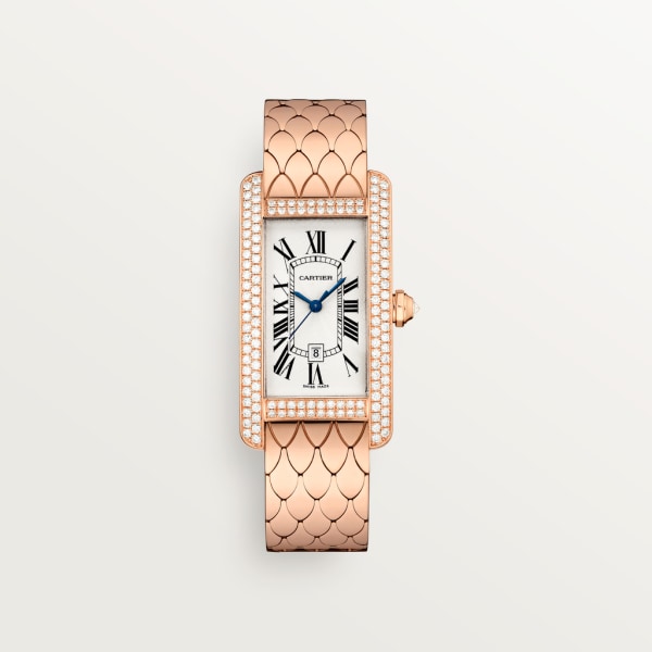 Tank Américaine watch Medium model, automatic movement, rose gold, diamonds