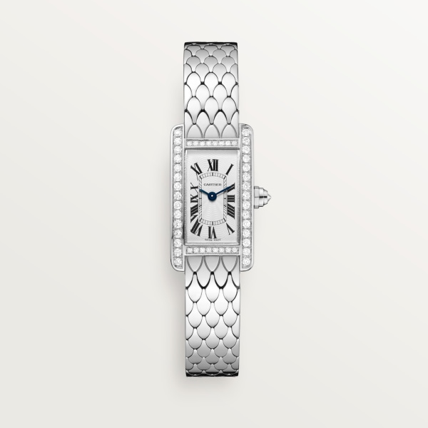 Tank Américaine watch Mini model, quartz movement, white gold, diamonds