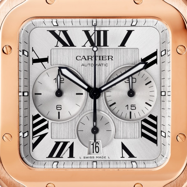 Santos de Cartier计时码表 超大号表款，自动机芯，18K玫瑰金，可替换式皮表带与橡胶表带