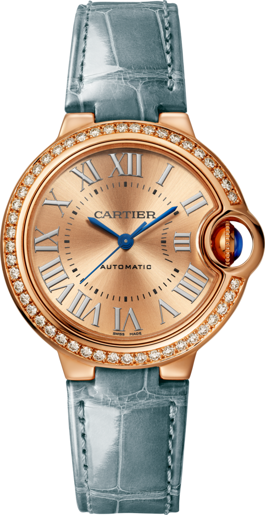 Ballon Bleu de Cartier卡地亚蓝气球腕表33毫米表款，自动上链机芯，18K玫瑰金，钻石，皮表带