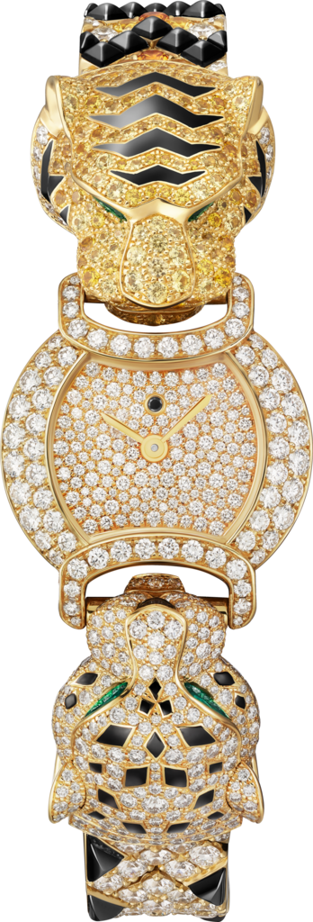 Indomptables de Cartier Watch22.2 mm, quartz movement, yellow gold, diamonds, sapphires, emeralds, spessartite garnets, onyx, metal strap