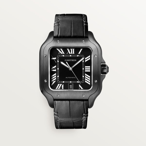 Santos de Cartier watch Large model, automatic movement, steel, ADLC, interchangeable rubber and leather bracelets