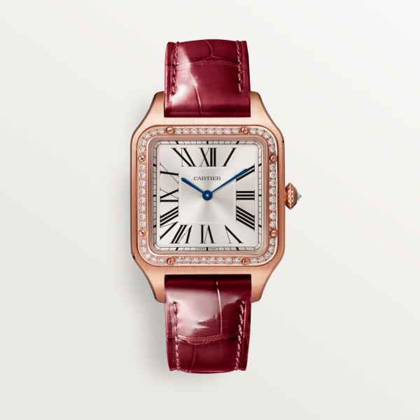 Santos-Dumont watch Large model, quartz movement, rose gold, diamonds, leather